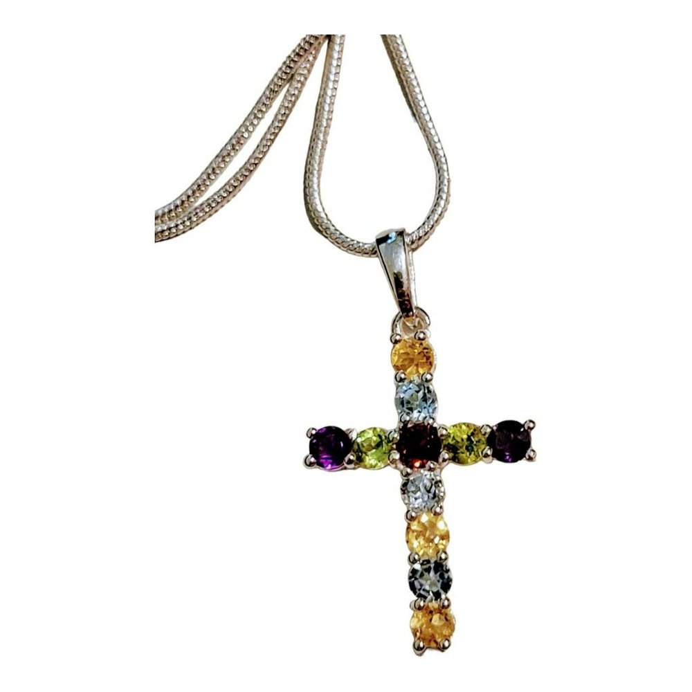 .925 Multi Gemstones Cross & 22" Chain Amethyst Blue Topaz Women Teen Gift Snk7 - Picture 3 of 4